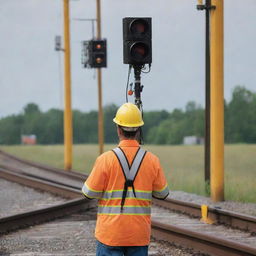 A detailed scene of a railroad signal system, embodying technological precision, alongside a safety harness in use at a rail work site.