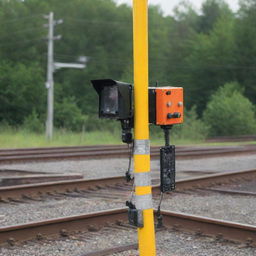 A detailed scene of a railroad signal system, embodying technological precision, alongside a safety harness in use at a rail work site.