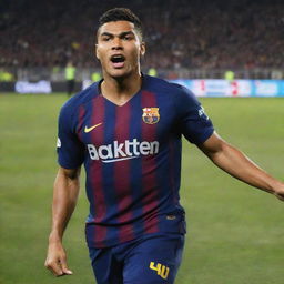 Casemiro, a professional football player, wearing an FC Barcelona jersey in a dynamic action pose on the field