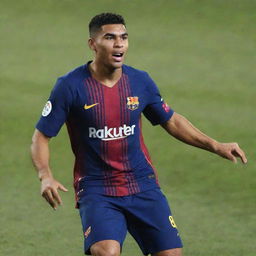 Casemiro, a professional football player, wearing an FC Barcelona jersey in a dynamic action pose on the field