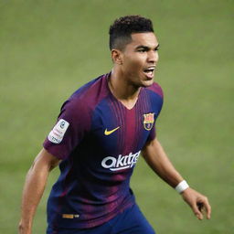 Casemiro, a professional football player, wearing an FC Barcelona jersey in a dynamic action pose on the field