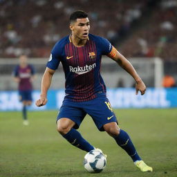 Casemiro, a professional football player, wearing an FC Barcelona jersey in a dynamic action pose on the field