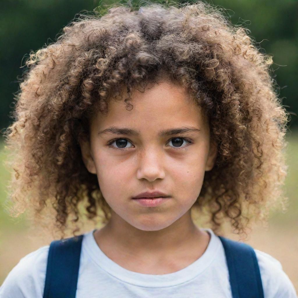 A young girl with her curly hair being a bit troublesome, her features showing a sense of struggle, yet she maintains a determined and positive expression.