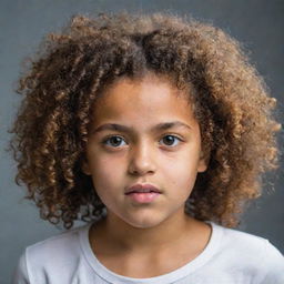 A young girl with her curly hair being a bit troublesome, her features showing a sense of struggle, yet she maintains a determined and positive expression.