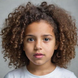 A young girl with her curly hair being a bit troublesome, her features showing a sense of struggle, yet she maintains a determined and positive expression.