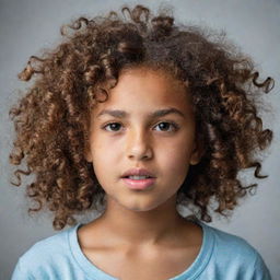 A young girl with her curly hair being a bit troublesome, her features showing a sense of struggle, yet she maintains a determined and positive expression.