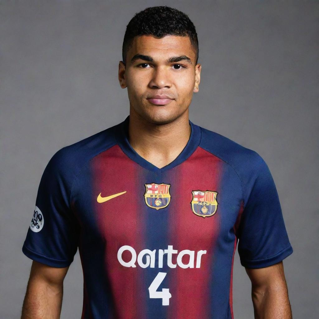 Former Real Madrid player Casemiro, now donning an FC Barcelona jersey, striking a pose with the emblem prominent