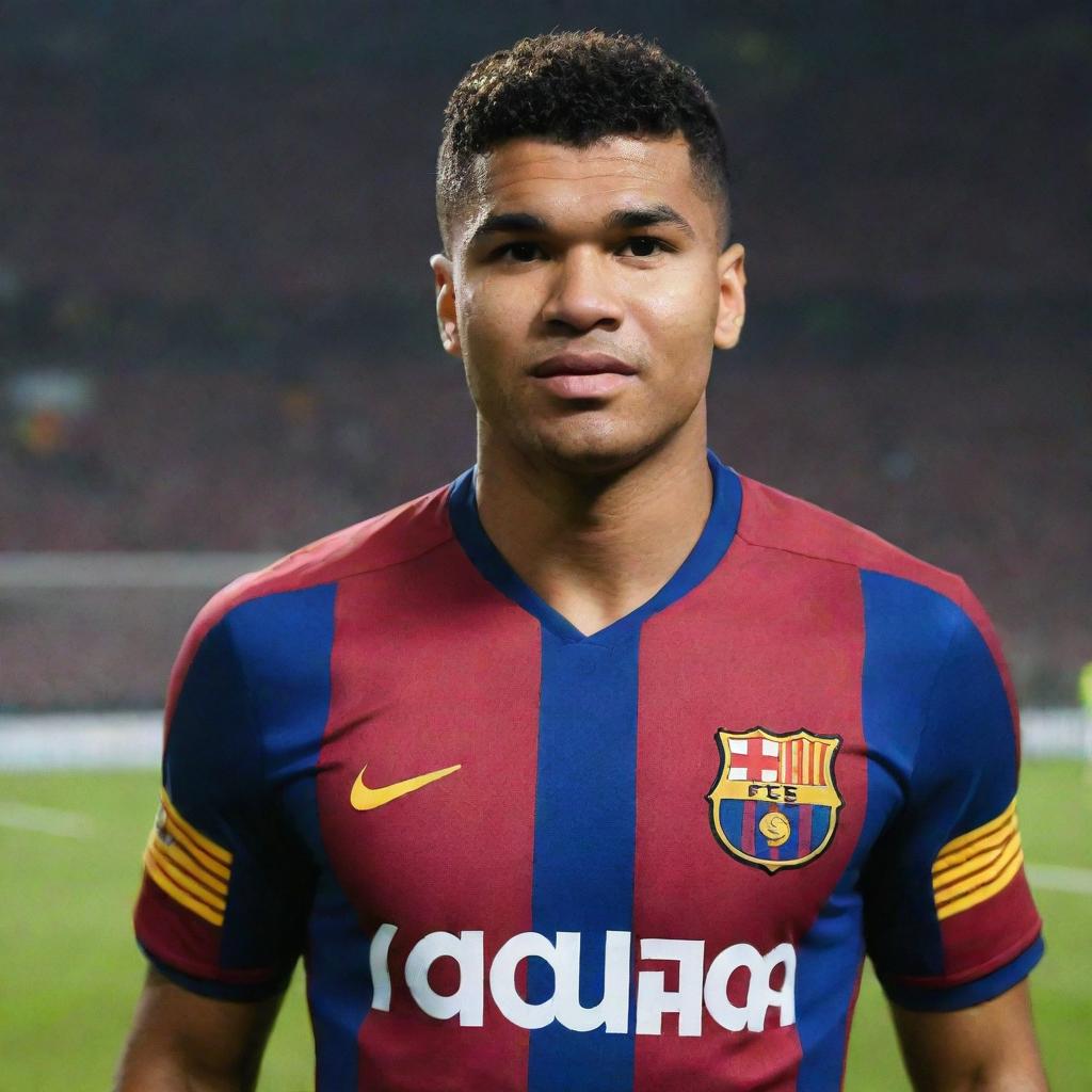 Former Real Madrid player Casemiro, now donning an FC Barcelona jersey, striking a pose with the emblem prominent