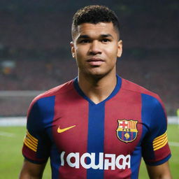 Former Real Madrid player Casemiro, now donning an FC Barcelona jersey, striking a pose with the emblem prominent