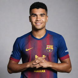 Former Real Madrid player Casemiro, now donning an FC Barcelona jersey, striking a pose with the emblem prominent