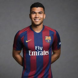 Former Real Madrid player Casemiro, now donning an FC Barcelona jersey, striking a pose with the emblem prominent