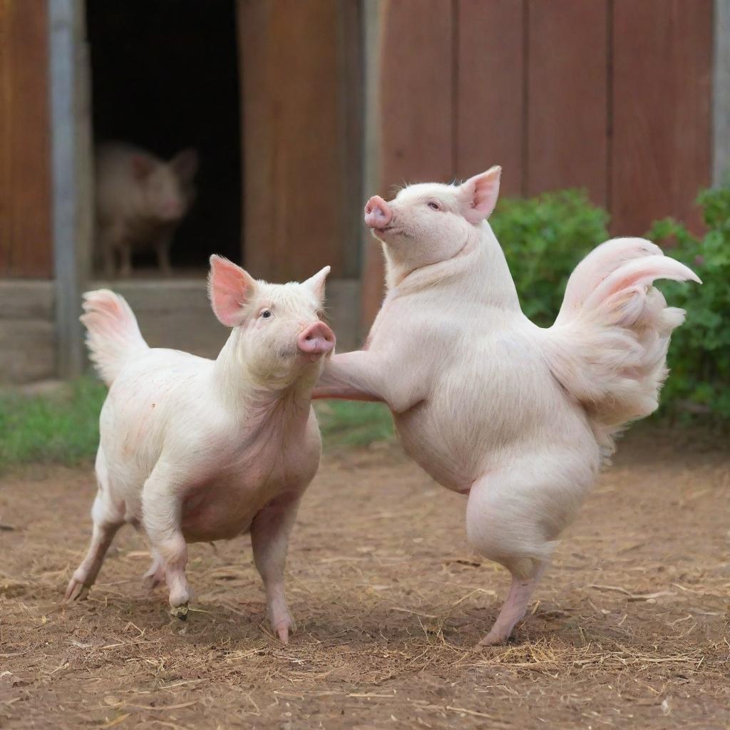 A lively scene of a hen and a pig elegantly dancing the tango together in a barnyard setting.