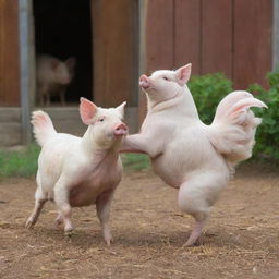 A lively scene of a hen and a pig elegantly dancing the tango together in a barnyard setting.