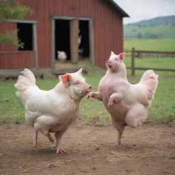 A lively scene of a hen and a pig elegantly dancing the tango together in a barnyard setting.