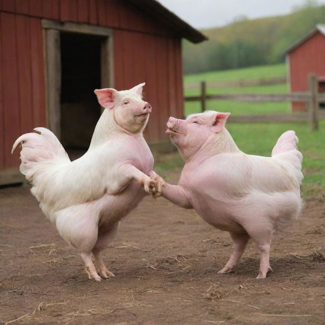 A lively scene of a hen and a pig elegantly dancing the tango together in a barnyard setting.