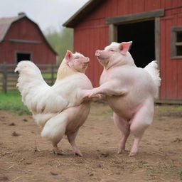 A lively scene of a hen and a pig elegantly dancing the tango together in a barnyard setting.