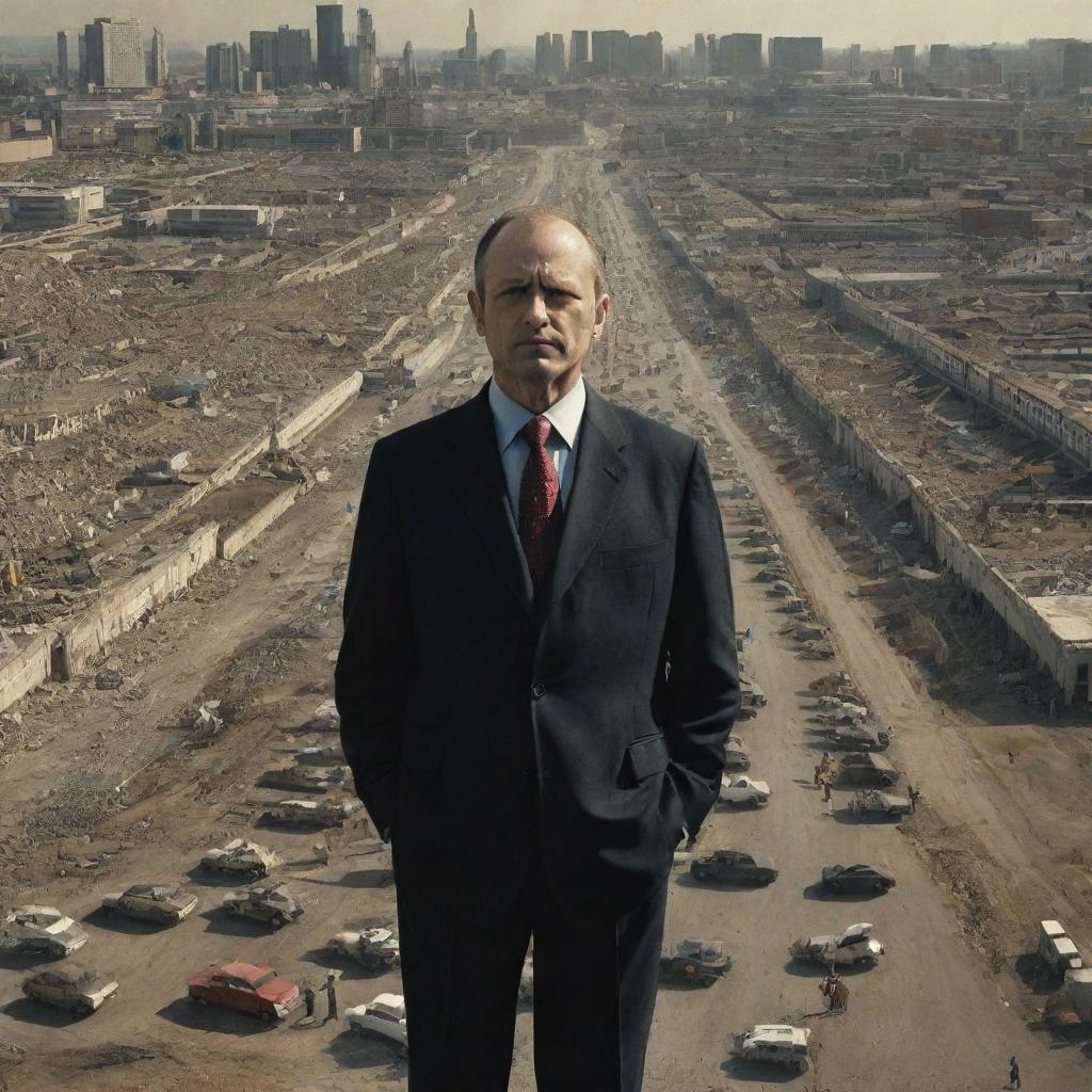 A visually complex scene depicting a man, embodying diverse roles in society, under the shadow of grandiose state infrastructure.