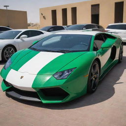 A full-body Lamborghini car painted in the colors of the Saudi Arabian flag.