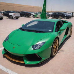 A full-body Lamborghini car painted in the colors of the Saudi Arabian flag.