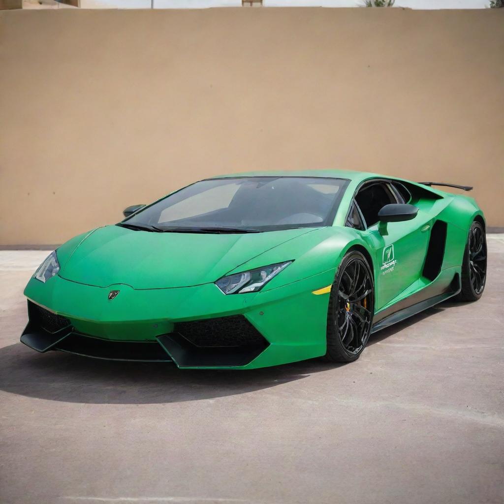 A full-body Lamborghini car painted in the colors of the Saudi Arabian flag.