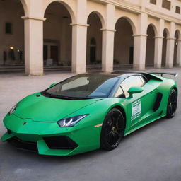 A full-body Lamborghini car painted in the colors of the Saudi Arabian flag.