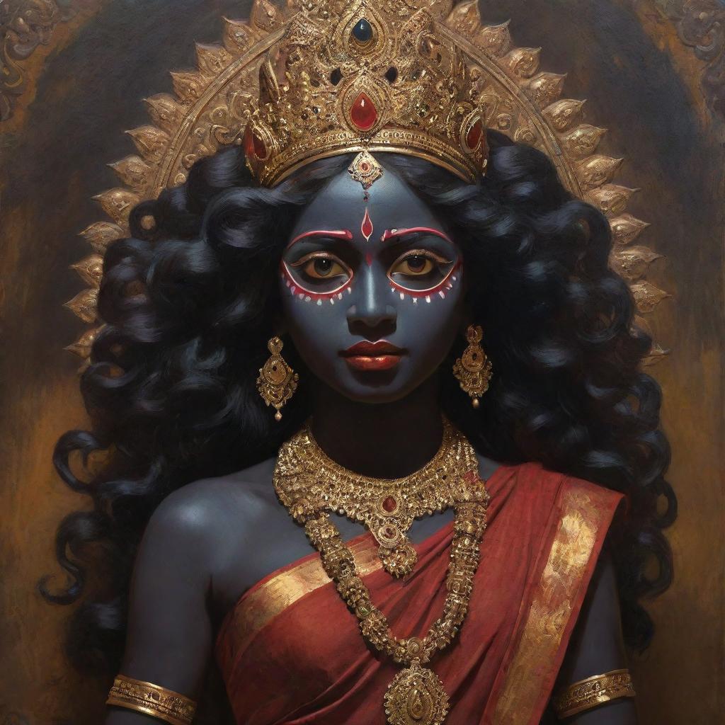 An artistic portrayal of the Indian goddess Kali as a young girl, embracing her traditional dark skin, embodying a mixture of divine power and youthful innocence, set against a spiritually rich backdrop.