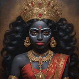 An artistic portrayal of the Indian goddess Kali as a young girl, embracing her traditional dark skin, embodying a mixture of divine power and youthful innocence, set against a spiritually rich backdrop.