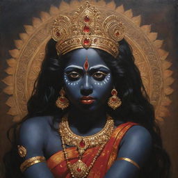 An artistic portrayal of the Indian goddess Kali as a young girl, embracing her traditional dark skin, embodying a mixture of divine power and youthful innocence, set against a spiritually rich backdrop.