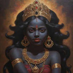 An artistic portrayal of the Indian goddess Kali as a young girl, embracing her traditional dark skin, embodying a mixture of divine power and youthful innocence, set against a spiritually rich backdrop.