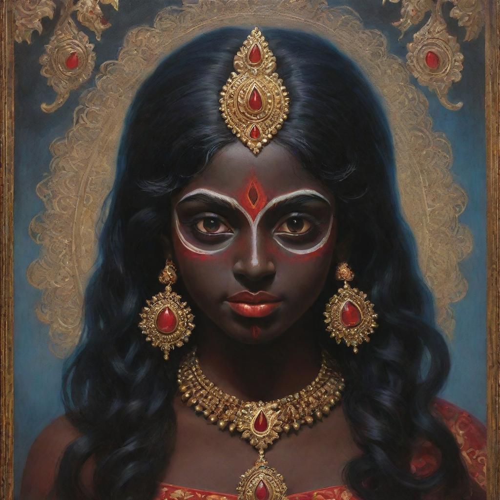 An artistic representation of the Indian goddess Kali as a young girl, showcasing her traditional dark skin and highlighting her divine power, exuding a youthful aura, framed within a mystical eastern backdrop.