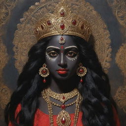 An artistic representation of the Indian goddess Kali as a young girl, showcasing her traditional dark skin and highlighting her divine power, exuding a youthful aura, framed within a mystical eastern backdrop.