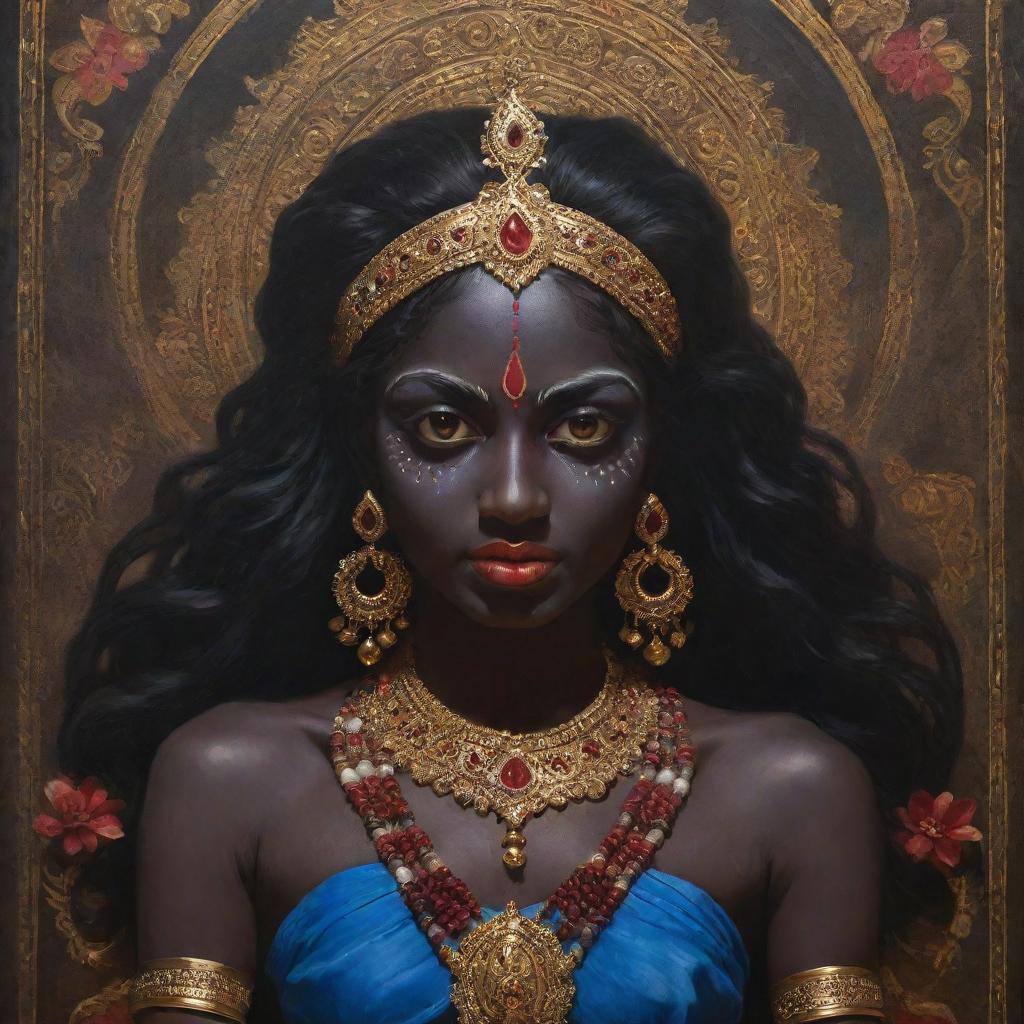 An artistic representation of the Indian goddess Kali as a young girl, showcasing her traditional dark skin and highlighting her divine power, exuding a youthful aura, framed within a mystical eastern backdrop.