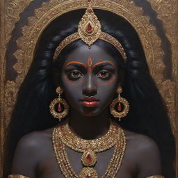 An artistic representation of the Indian goddess Kali as a young girl, showcasing her traditional dark skin and highlighting her divine power, exuding a youthful aura, framed within a mystical eastern backdrop.