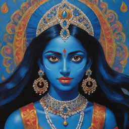 A vibrant illustration of the Indian goddess Kali as a young girl with her signature blue skin, embodying divine power with an air of youthful innocence, set against a rich, colorfully decorated Indian backdrop.