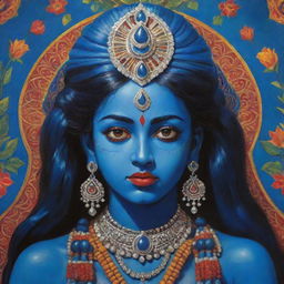 A vibrant illustration of the Indian goddess Kali as a young girl with her signature blue skin, embodying divine power with an air of youthful innocence, set against a rich, colorfully decorated Indian backdrop.