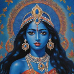 A vibrant illustration of the Indian goddess Kali as a young girl with her signature blue skin, embodying divine power with an air of youthful innocence, set against a rich, colorfully decorated Indian backdrop.