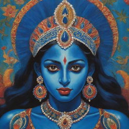 A vibrant illustration of the Indian goddess Kali as a young girl with her signature blue skin, embodying divine power with an air of youthful innocence, set against a rich, colorfully decorated Indian backdrop.