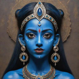 A vivid depiction of the Indian goddess Kali as a young girl with blue skin and elongated ears, combining divine power with a touch of mystical elfin charm, set in a luminous, spiritual Indian motif.