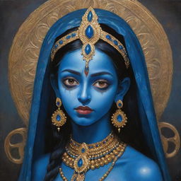 A vivid depiction of the Indian goddess Kali as a young girl with blue skin and elongated ears, combining divine power with a touch of mystical elfin charm, set in a luminous, spiritual Indian motif.