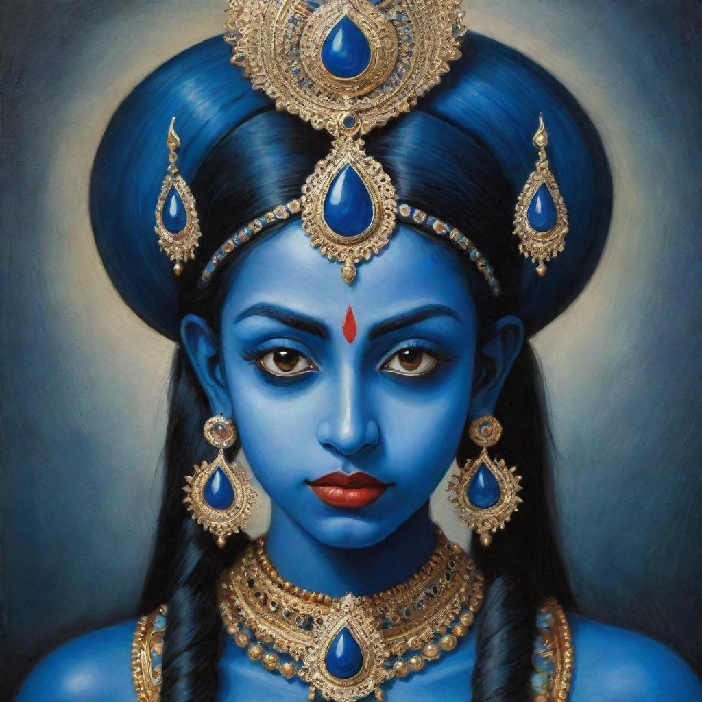 A vivid depiction of the Indian goddess Kali as a young girl with blue skin and elongated ears, combining divine power with a touch of mystical elfin charm, set in a luminous, spiritual Indian motif.