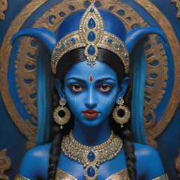 A vivid depiction of the Indian goddess Kali as a young girl with blue skin and elongated ears, combining divine power with a touch of mystical elfin charm, set in a luminous, spiritual Indian motif.