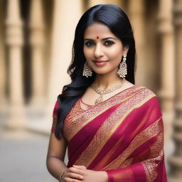 An attractive Indian woman dressed in a traditional sari