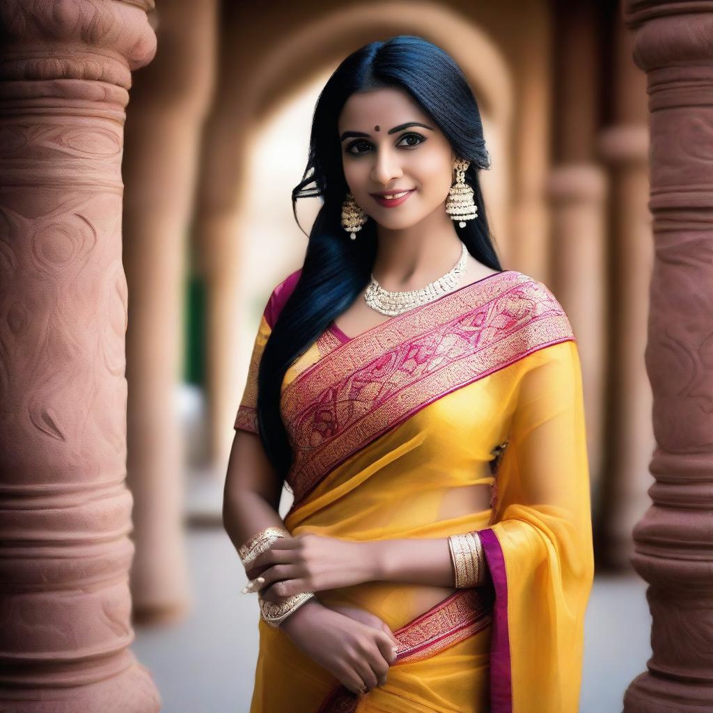 An attractive Indian woman dressed in a traditional sari