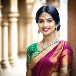 An attractive Indian woman dressed in a traditional sari