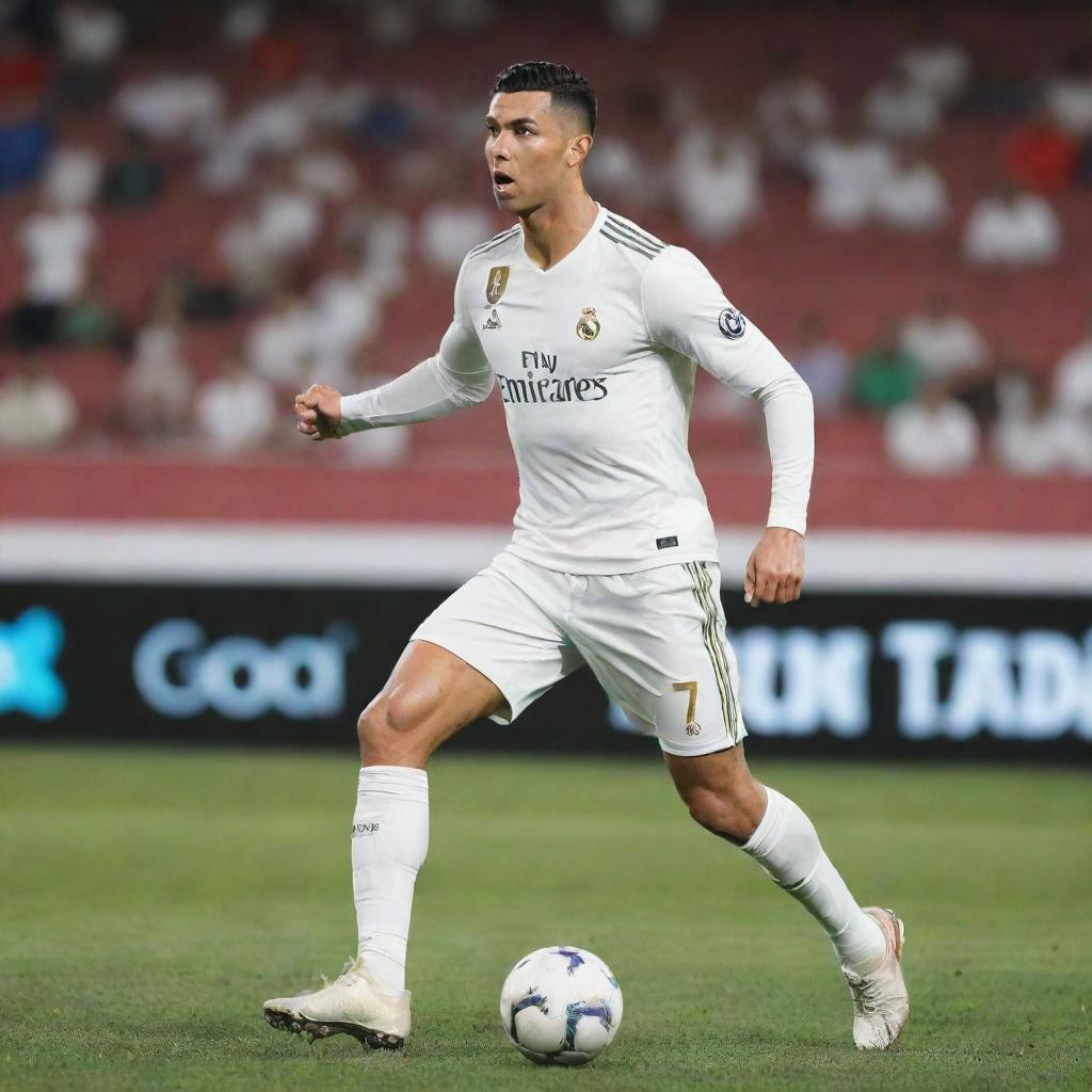 An awesome action shot of Cristiano Ronaldo playing football, suitable for a TikTok edits account.