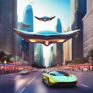 In the distant future, flying cars zoomed along the illuminated thoroughfares that connected the city.