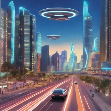 In the distant future, flying cars zoomed along the illuminated thoroughfares that connected the city.