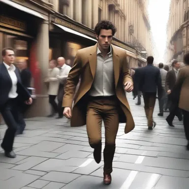The protagonist raced through the bustling thoroughfare, trying to catch up to the mysterious figure in the crowd.