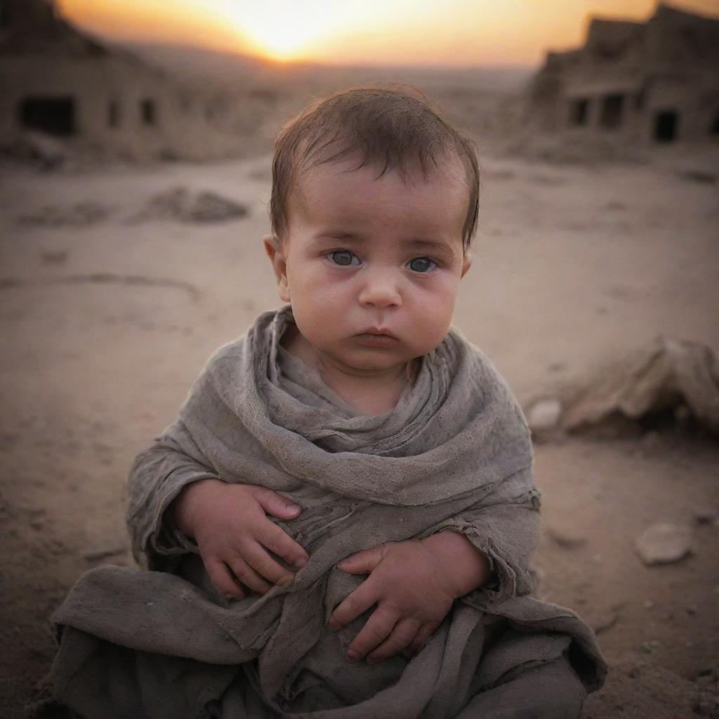 A newborn baby boy named Ghaith, held securely amidst a backdrop of a war-torn homeland, waiting for the dawn of victory.