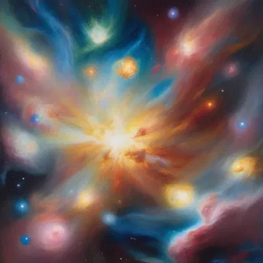 The painting depicted a chaotic explosion of ylem giving birth to intricate galaxies and stars.